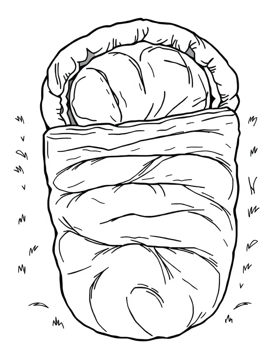 A fluffy sleeping bag rolled out for camping.