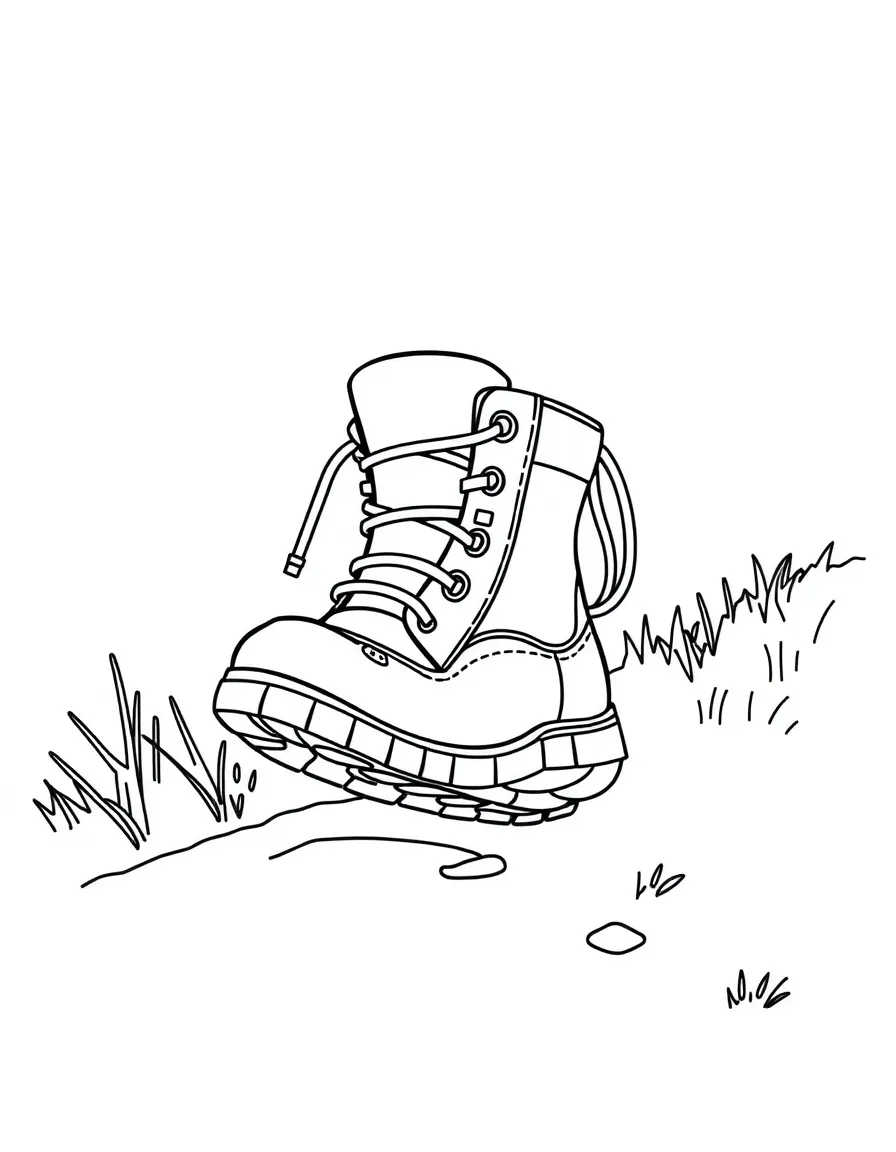 A happy hiking boot walking on a trail.