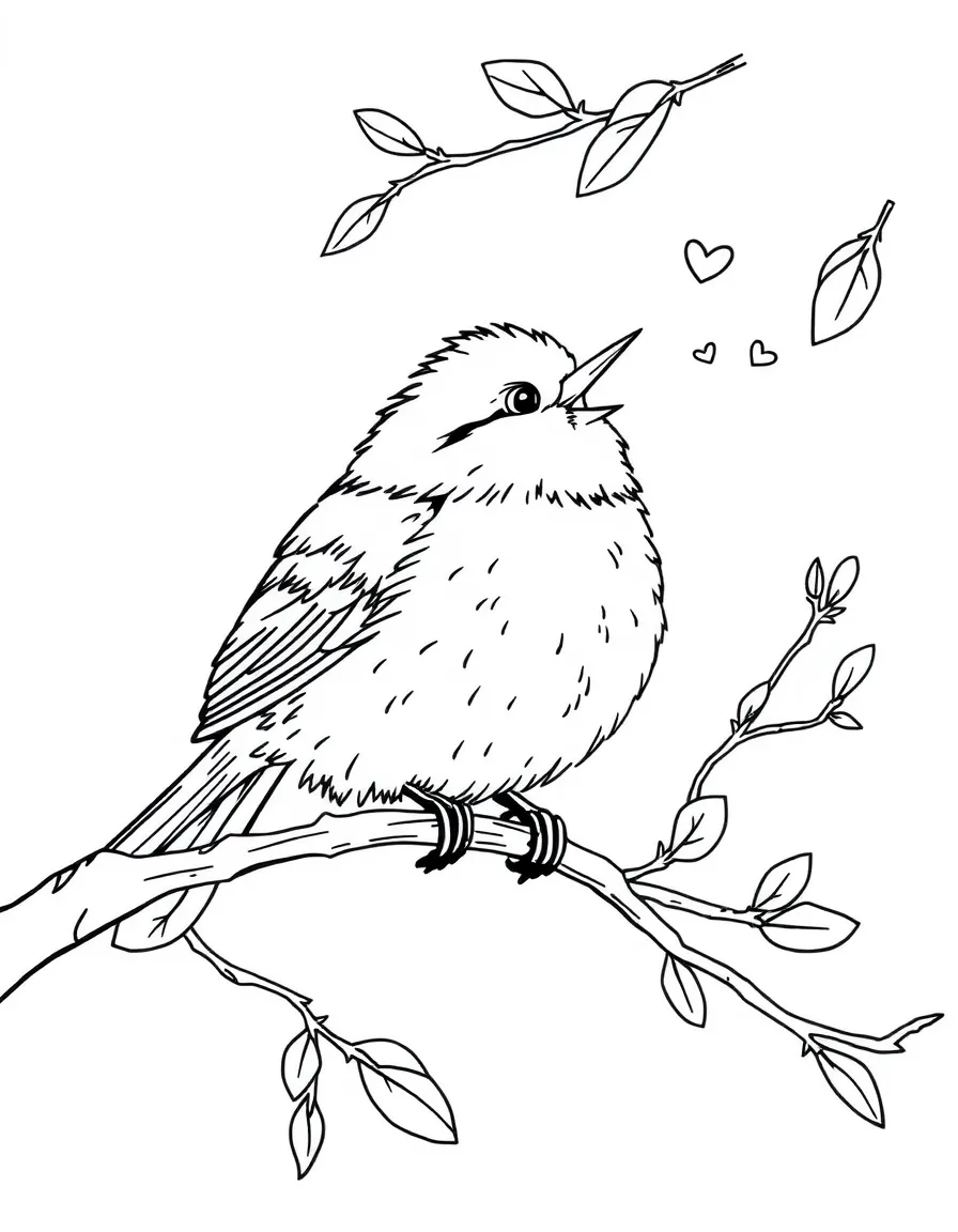 A fluffy bird singing on a branch.