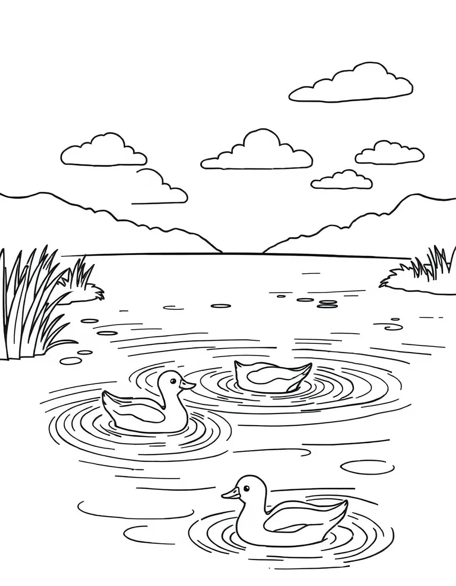 A happy lake with ducks swimming.