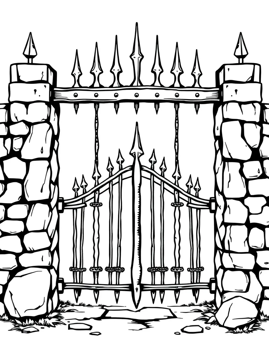 A strong iron gate with spikes.