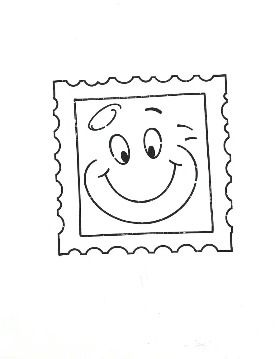A bubbly postage stamp with a happy picture.