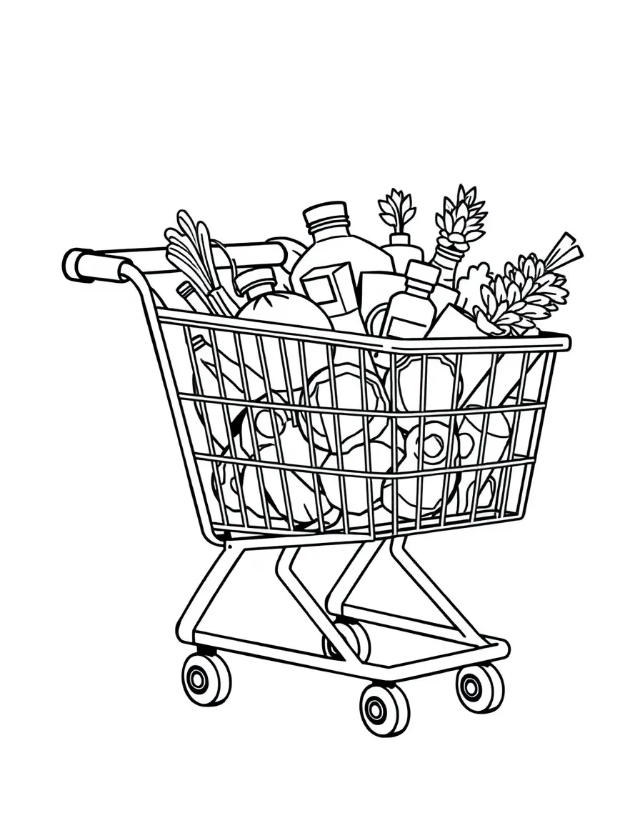A strong shopping cart with groceries.