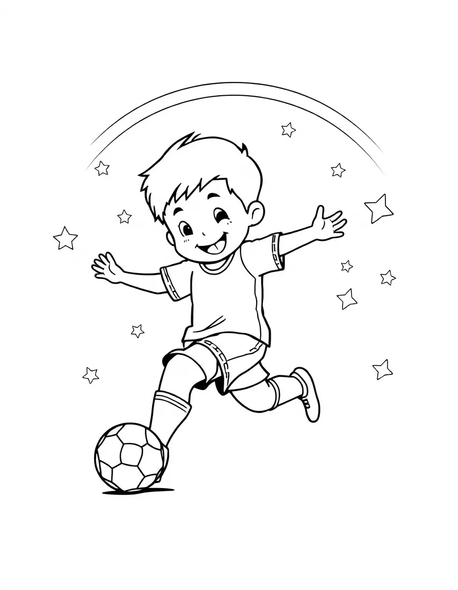 A happy little soccer player kicking a soccer ball, with stars and a rainbow in the background.