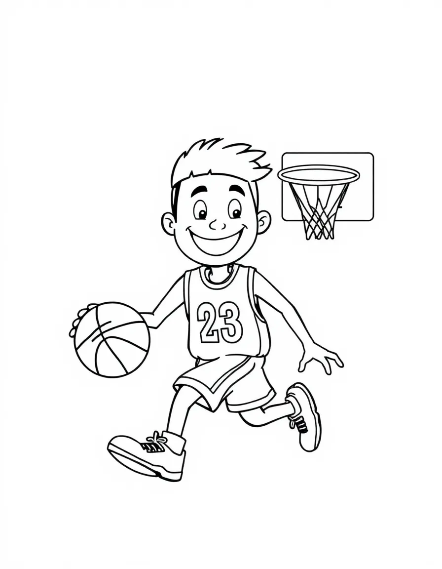 A friendly basketball player dribbling the ball, with a hoop in the background and a big smile.