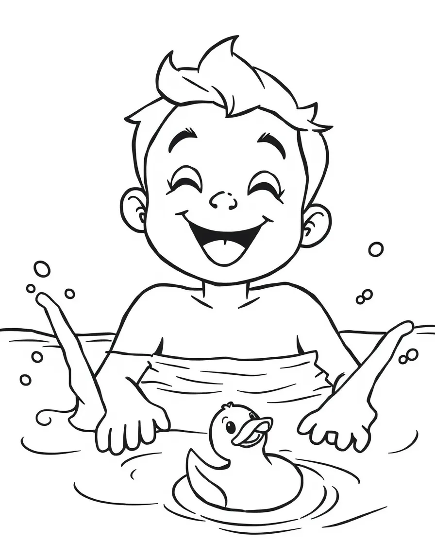 A cheerful swimmer in a swimming pool, with water splashes and a rubber ducky floating.
