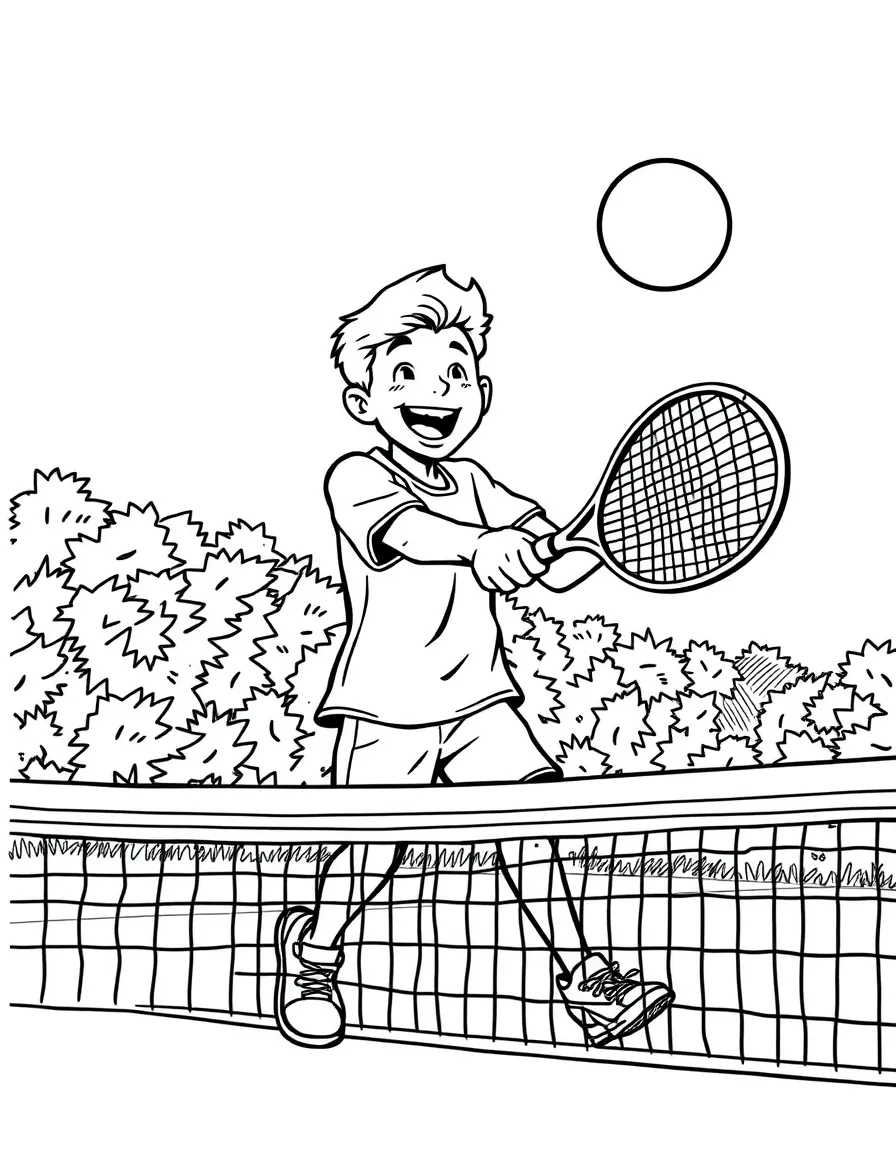 A joyful tennis player hitting a tennis ball over a net, with a sun shining.