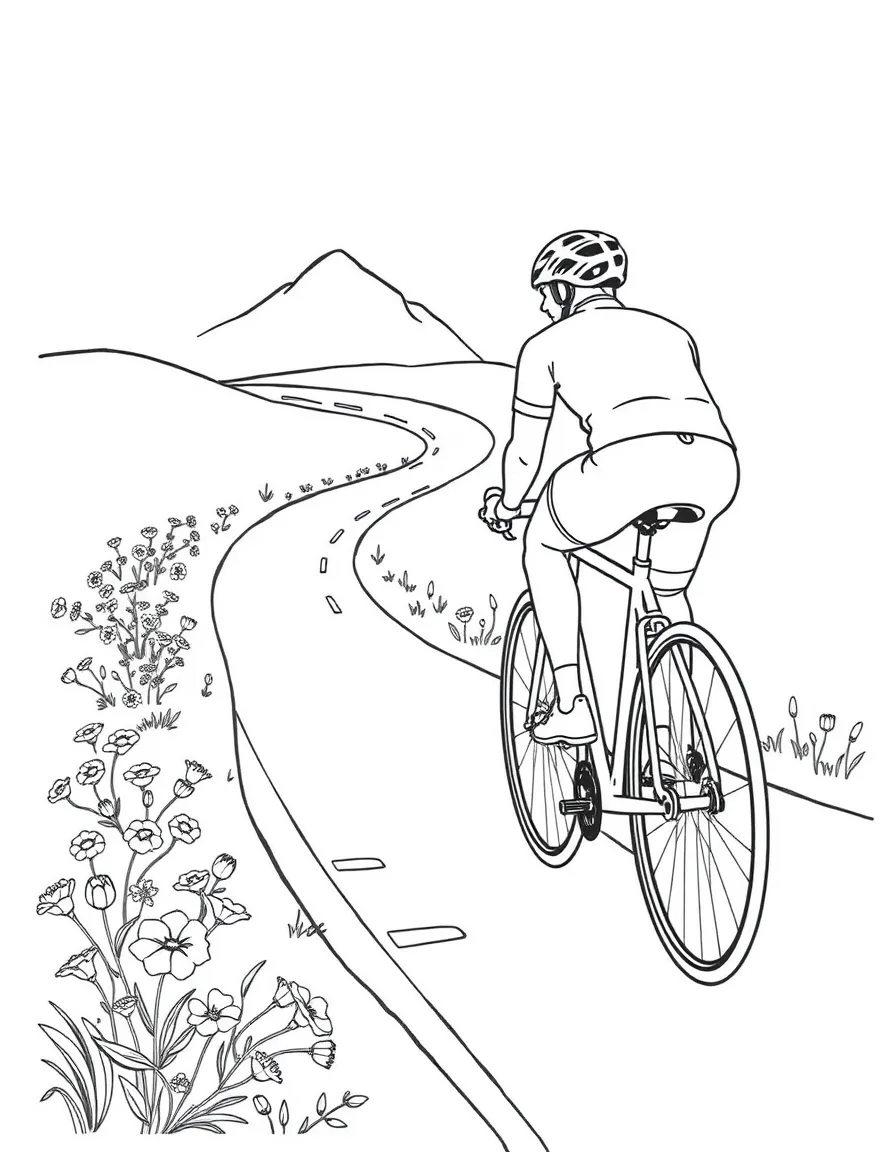 A skillful cyclist riding a bike, with a winding road and flowers.