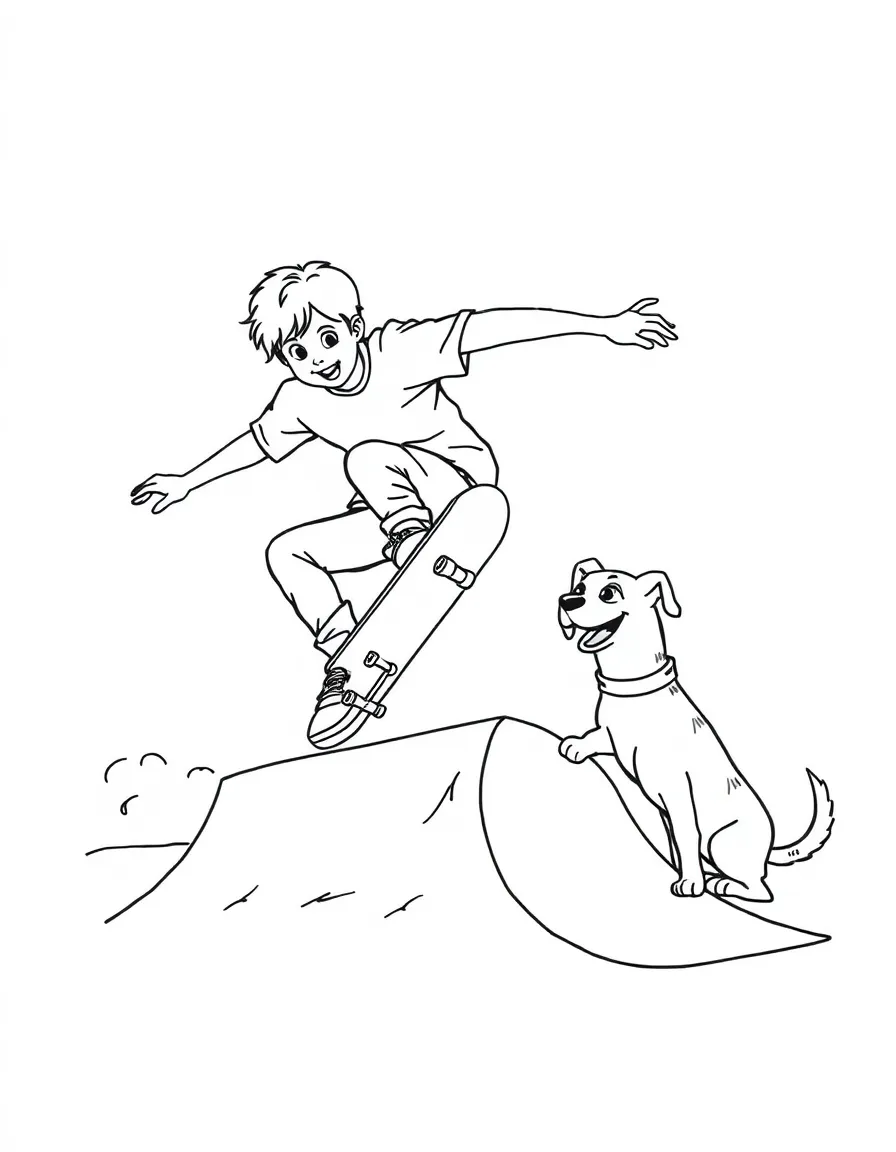A cool skateboarder doing a trick, with a ramp and a happy dog watching.