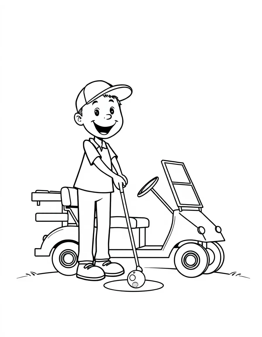 A happy golfer putting a ball into a hole, with a flag and a golf cart.