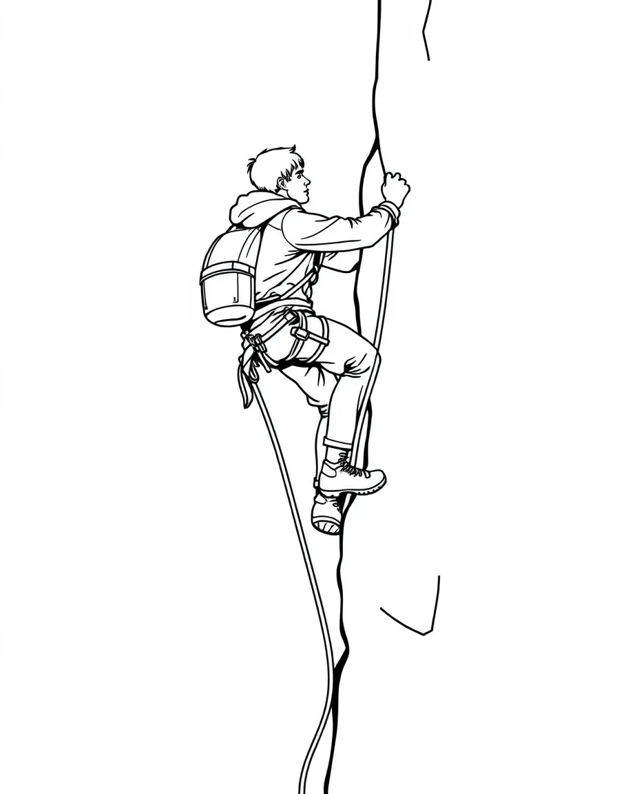 A daring rock climber scaling a small wall, with a rope and a harness.