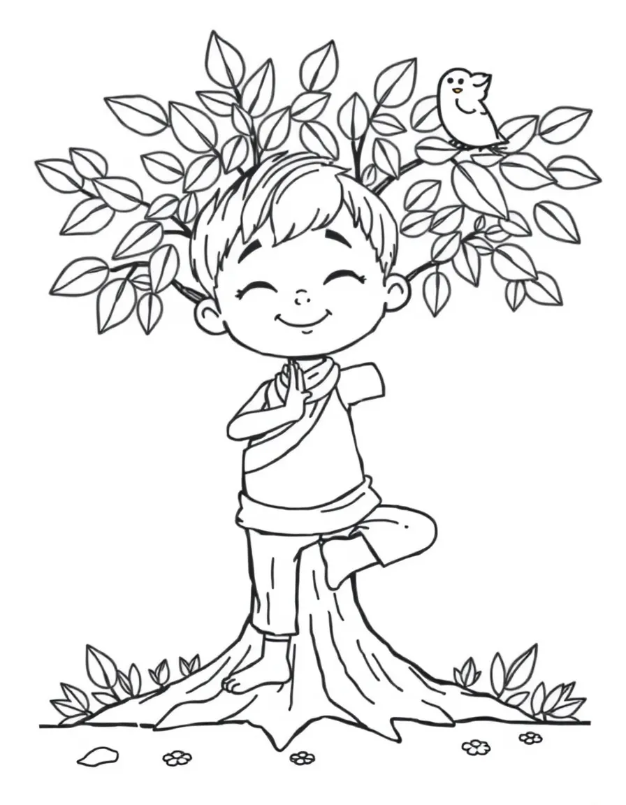 A peaceful yoga kid in a tree pose, with leaves and a bird.