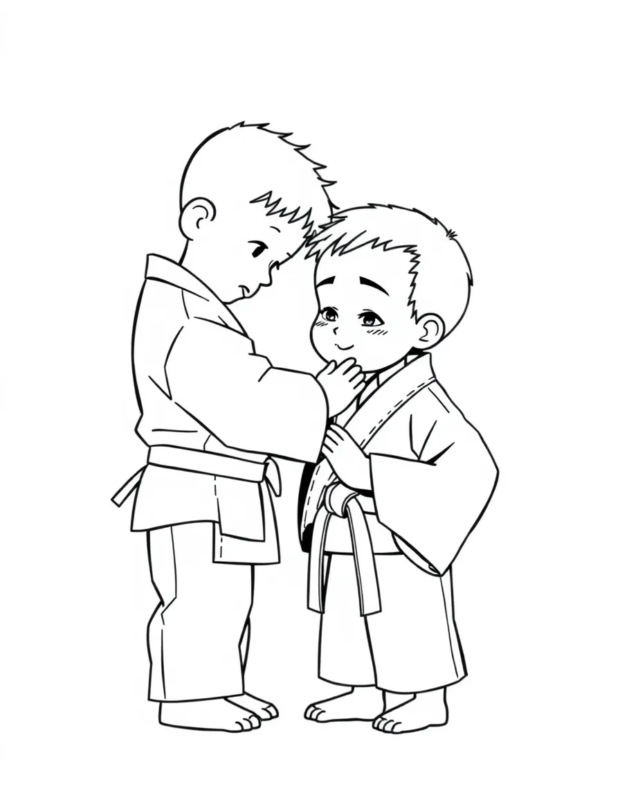 A strong judo kid in a uniform, bowing with a sensei.