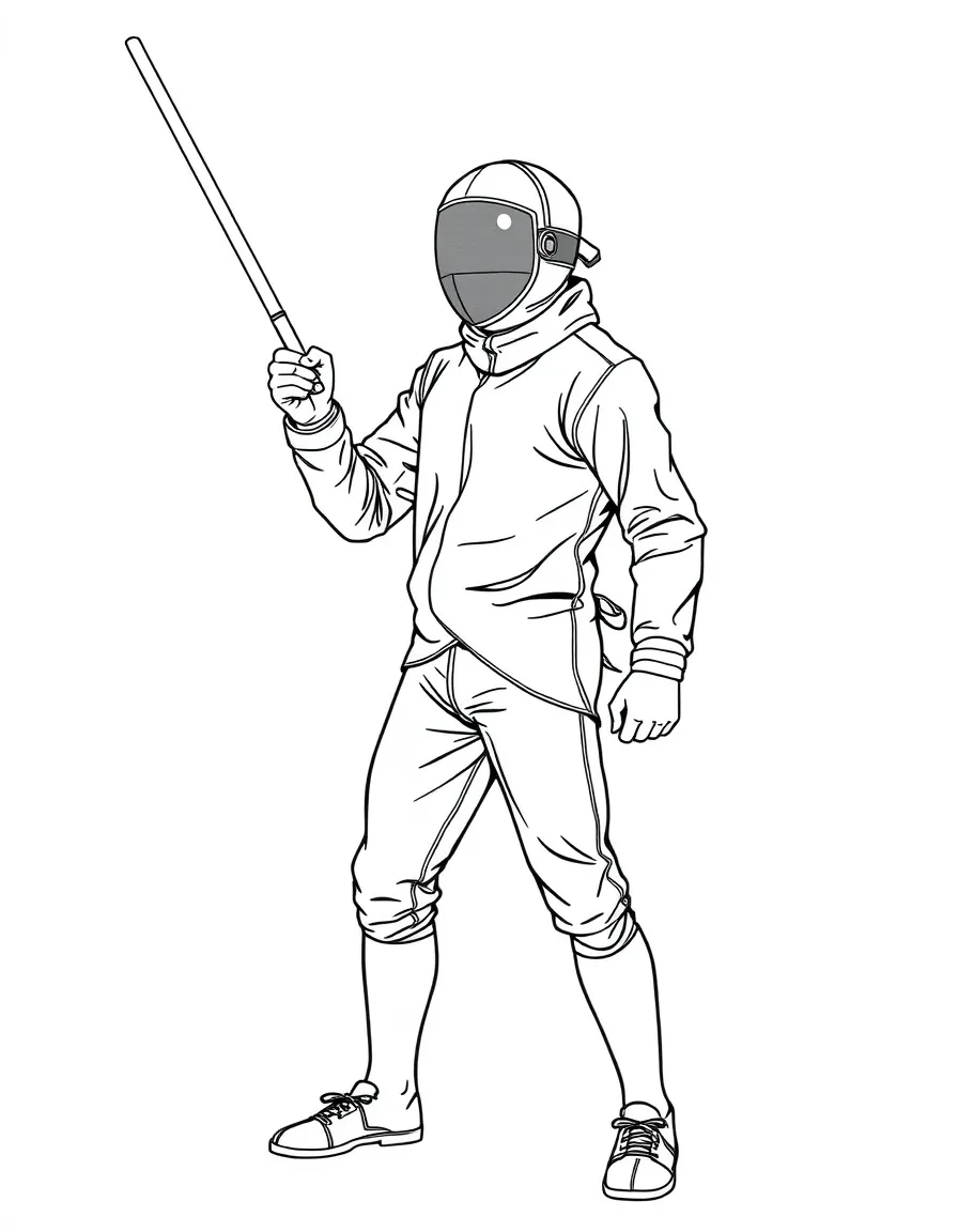 A fencing champion with a foil and mask, standing ready.