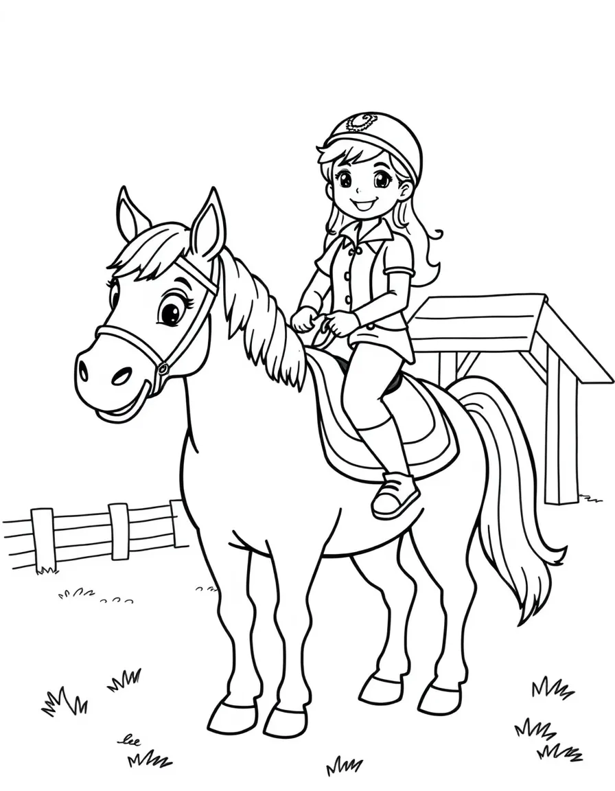 A cheerful equestrian riding a pony, with a stable and a carrot.