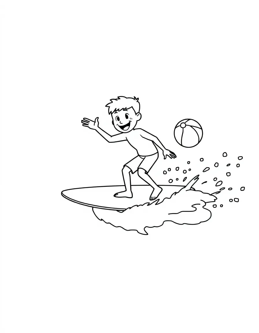 A happy surfer riding a small wave, with a surfboard and a beach ball.