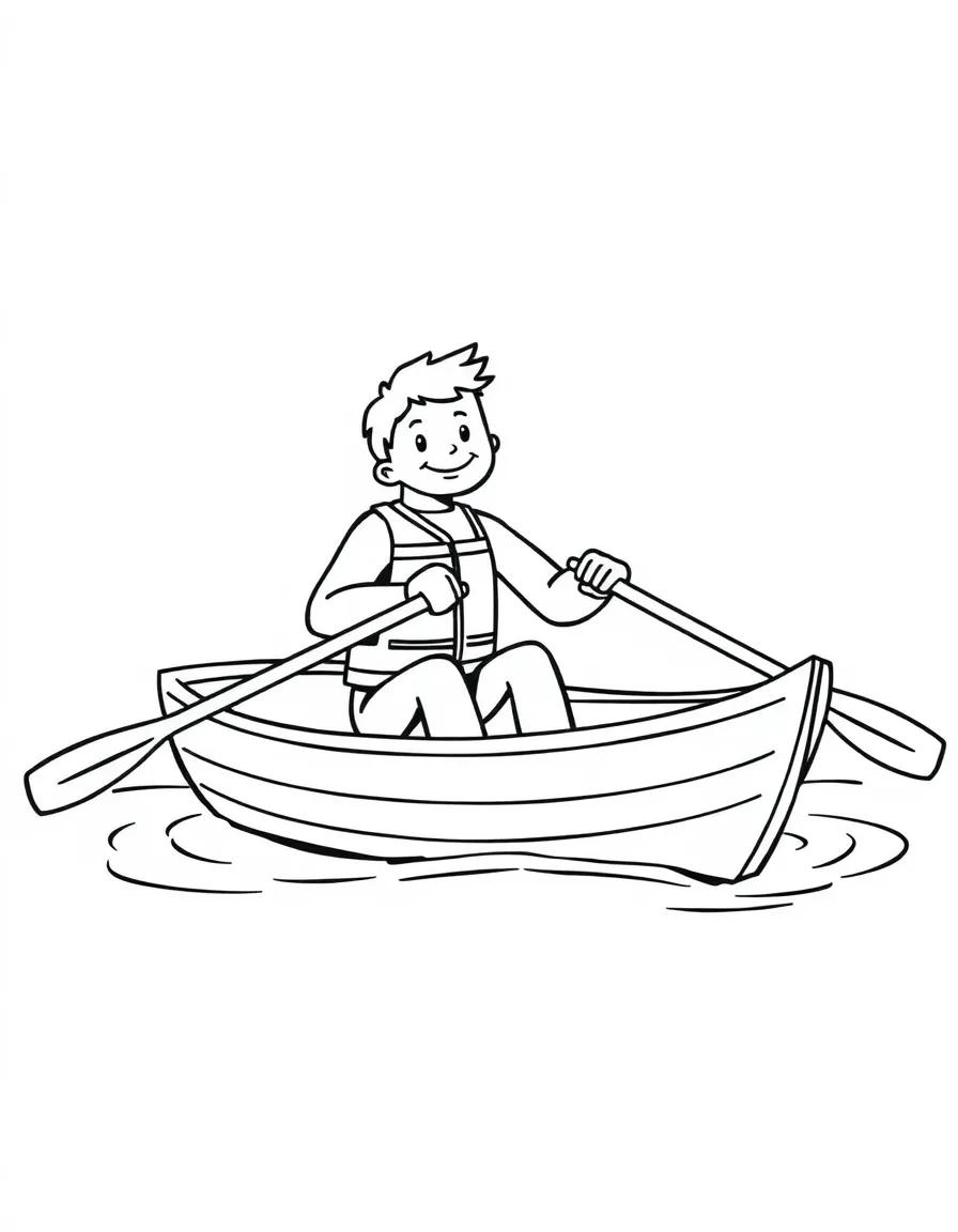 A friendly rower in a rowboat, with oars and calm water.