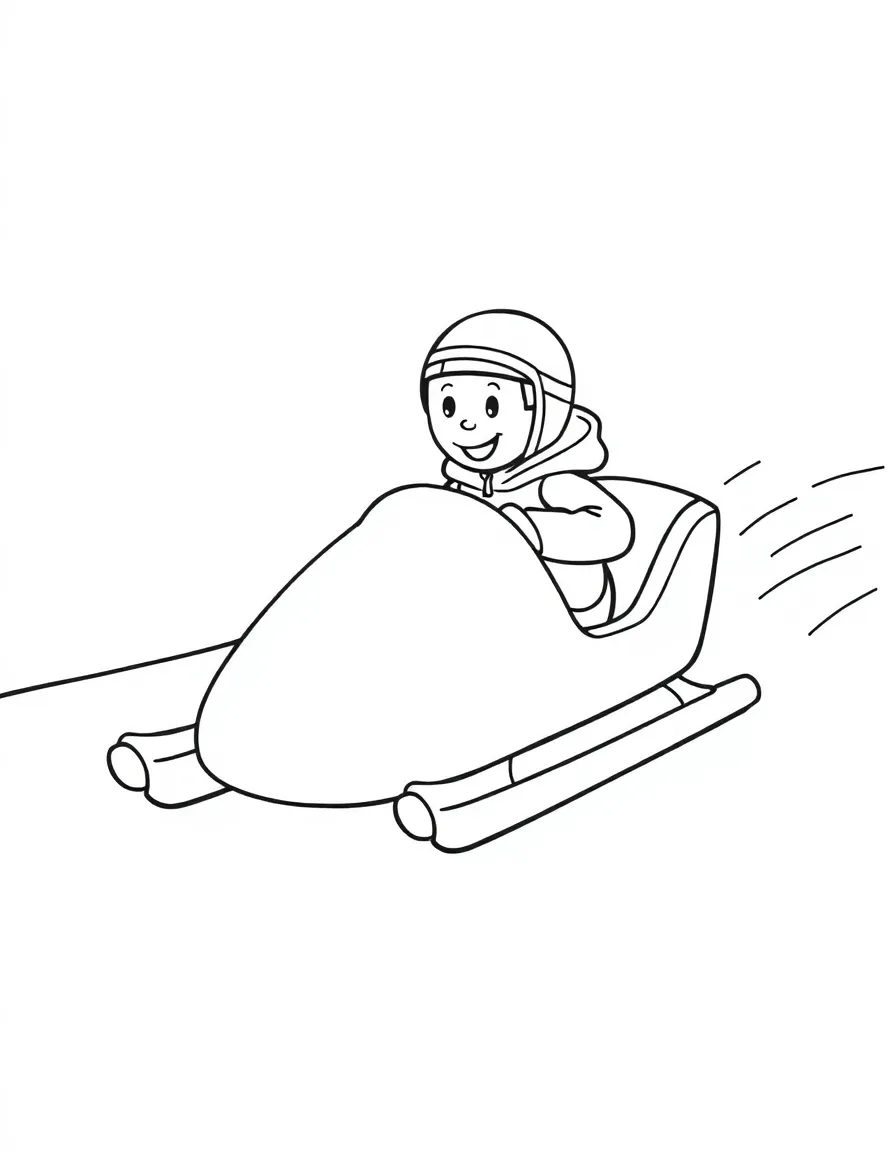 A silly bobsledder in a bobsled, zooming down a snowy track.