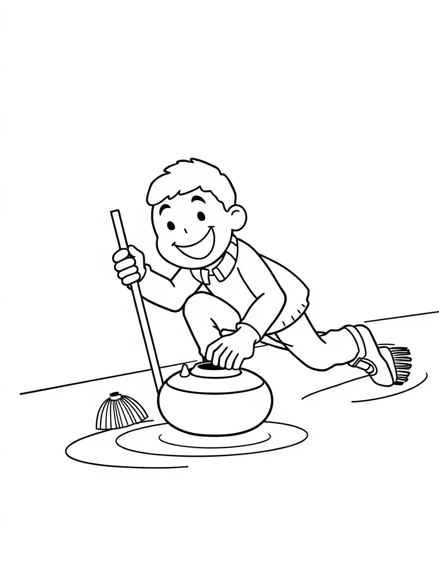A happy curler sliding a stone, with a broom and ice.