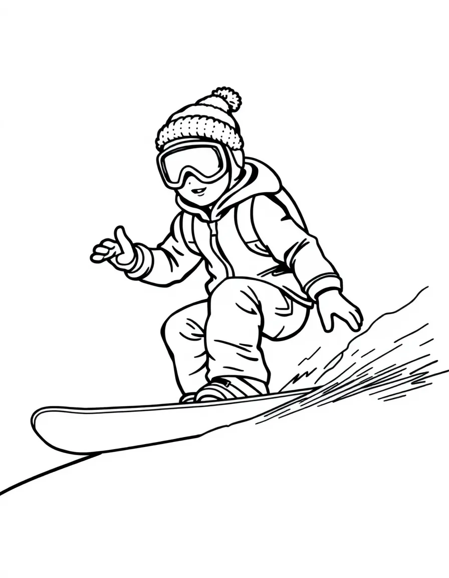 A cool snowboarder going down a gentle slope, with a hat and goggles.