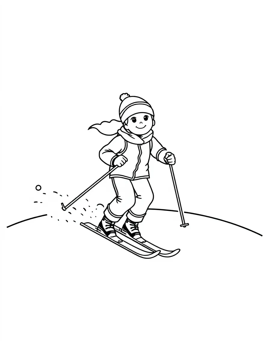A happy skier gliding down a small hill, with skis and poles.