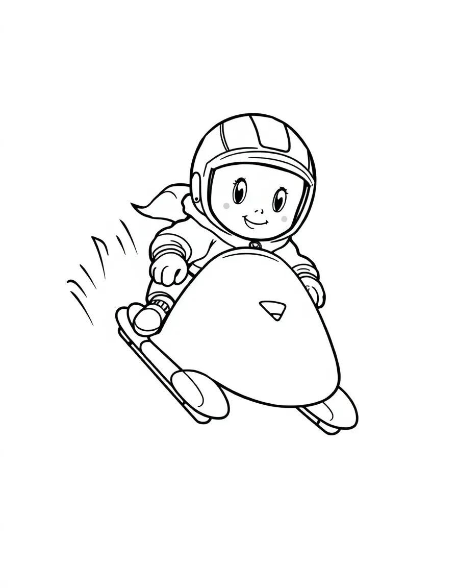 A little luge racer on a luge, zooming on a track.