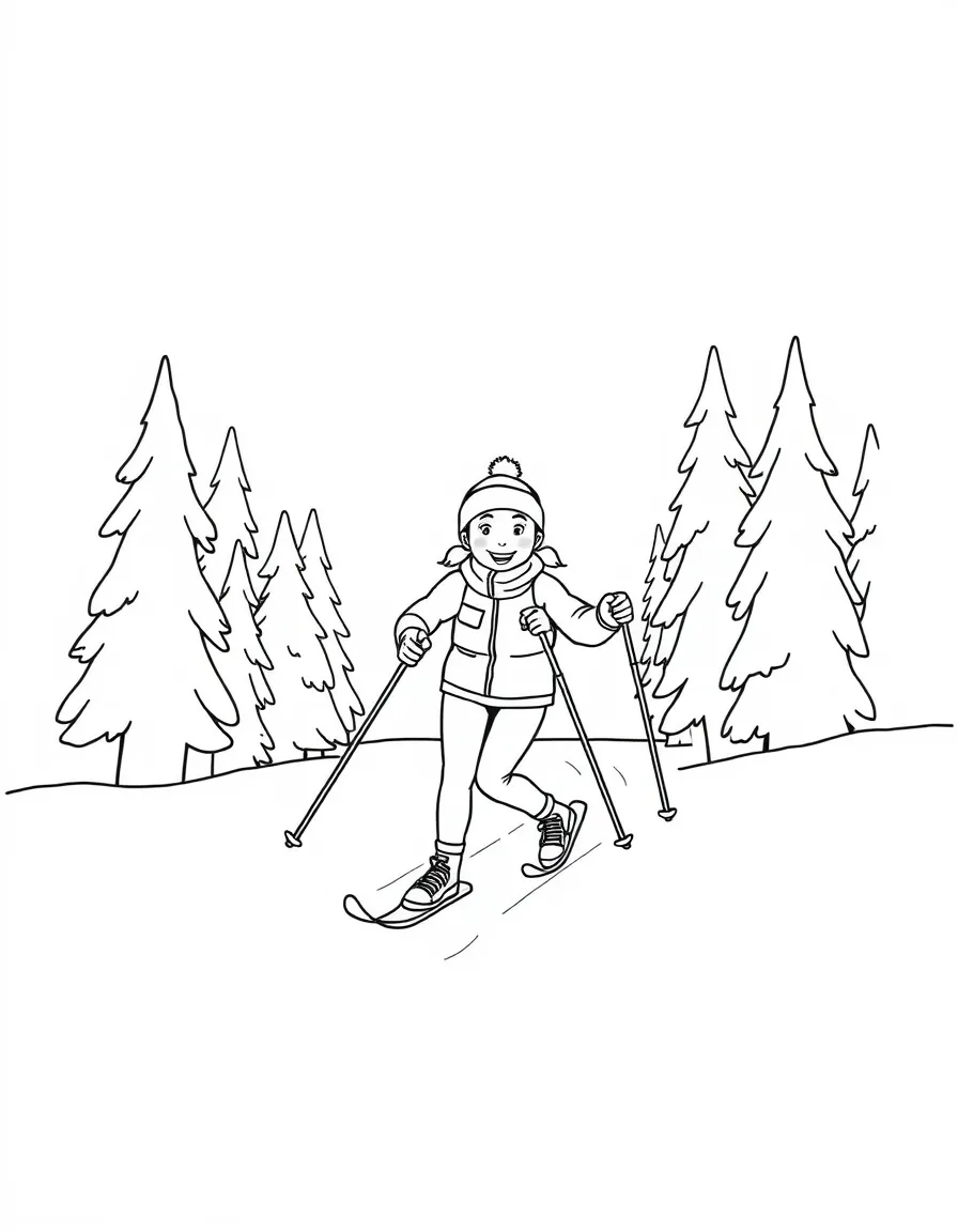 A happy cross-country skier gliding through snow, with trees.