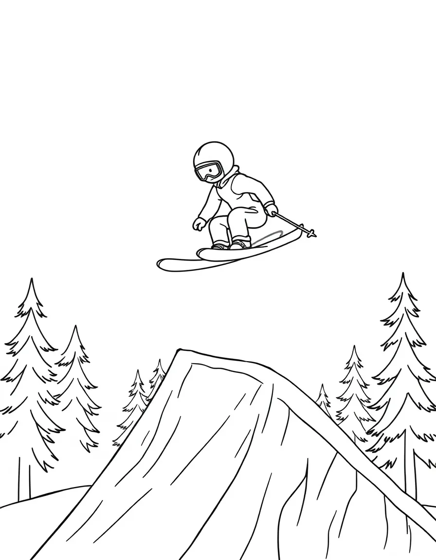 A little ski jumper flying through the air, with a big ramp.