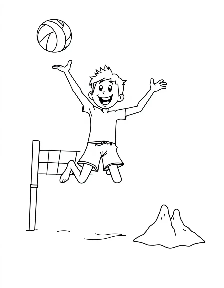 A friendly beach volleyball player jumping to spike the ball, with a net and sandcastles.