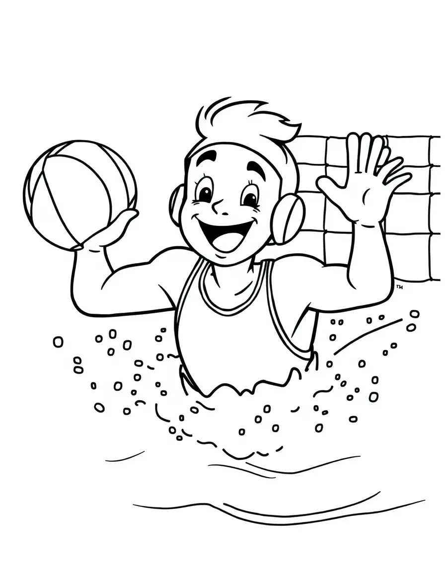 A happy water polo player swimming with the ball, with a goal.