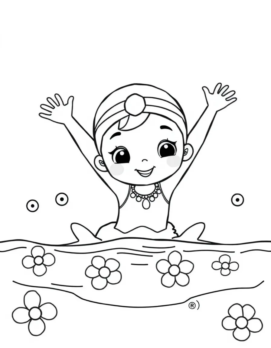 A cute synchronized swimmer making a pretty shape in the water, with flowers.