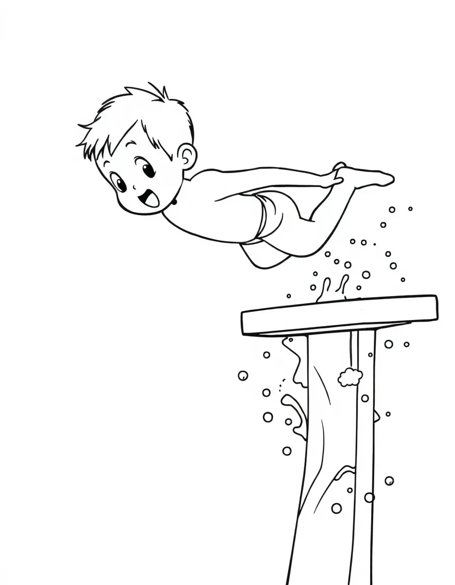 A little diver jumping off a diving board, with splashes.