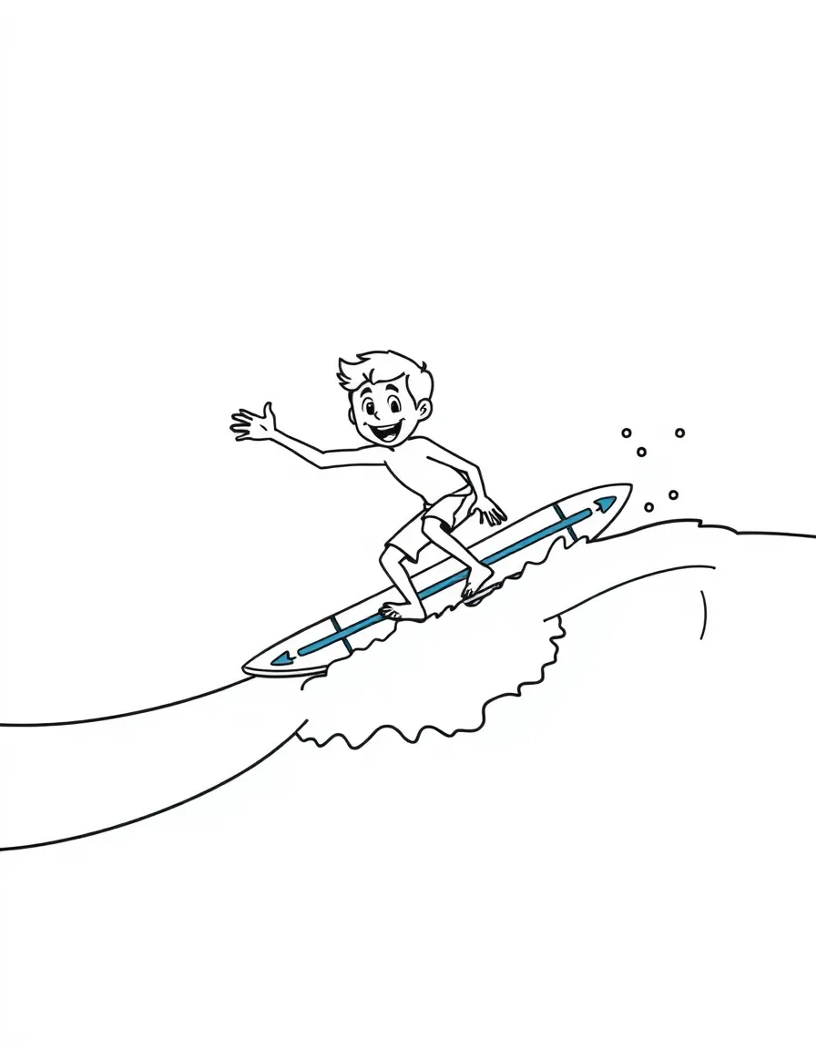A happy surfer catching a gentle wave, with a colorful surfboard.