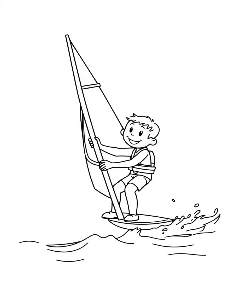 A cheerful windsurfer holding a sail, gliding on water.
