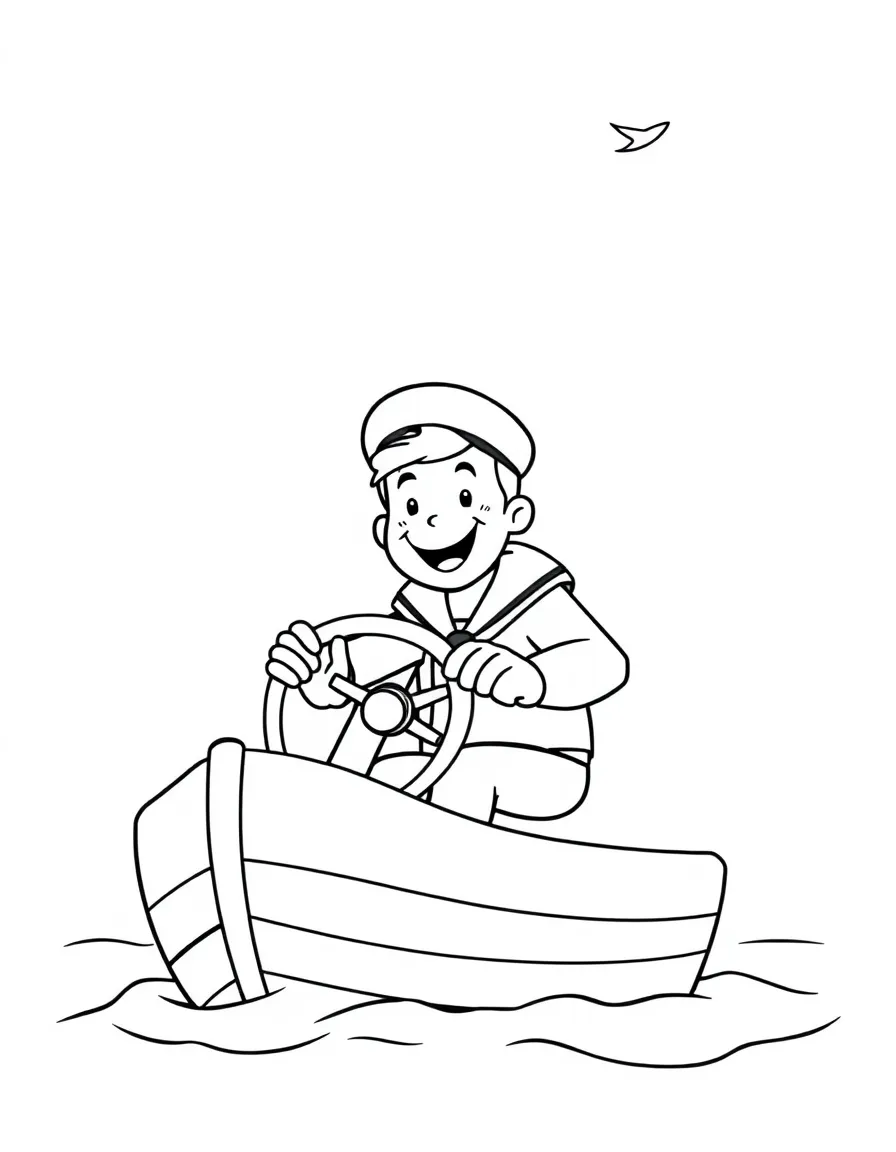 A happy sailor steering a small sailboat, with a mast and flag.