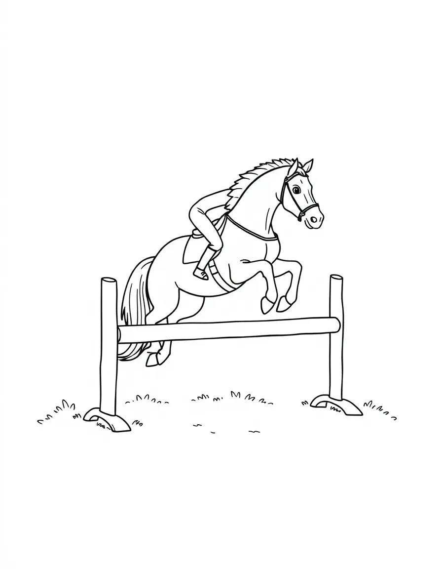 A little equestrian show jumper with a horse clearing a small hurdle.