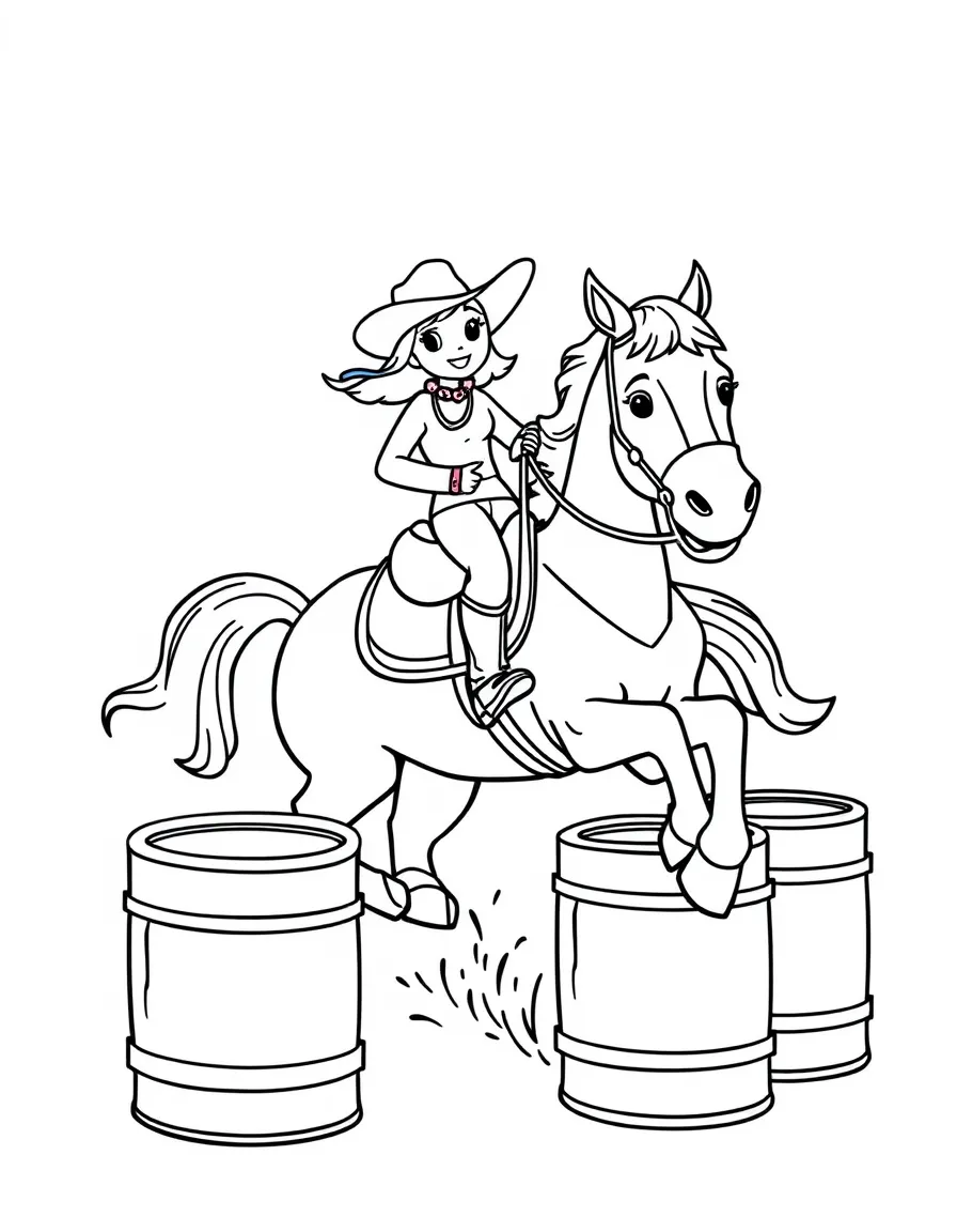 A friendly barrel racer with a horse galloping around barrels.
