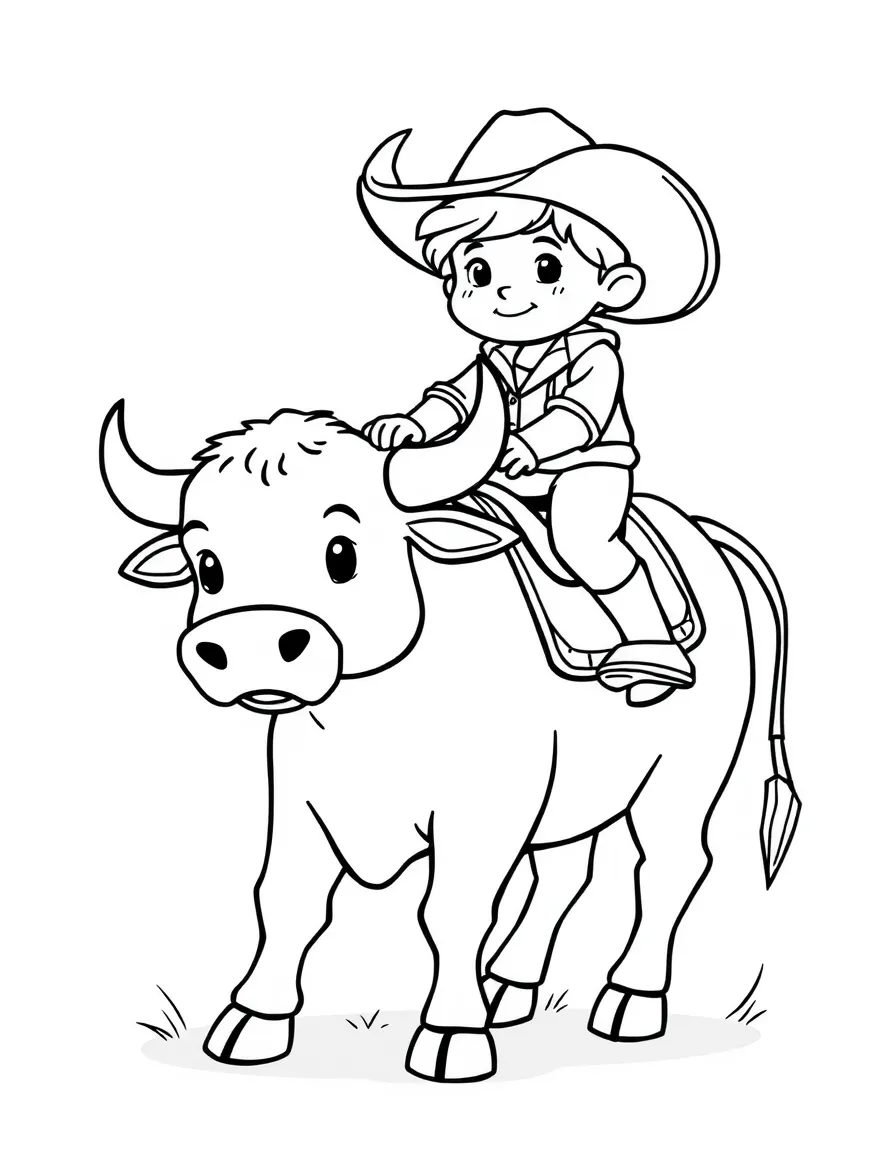 A cute bull rider (cartoon, gentle) on a very docile bull.