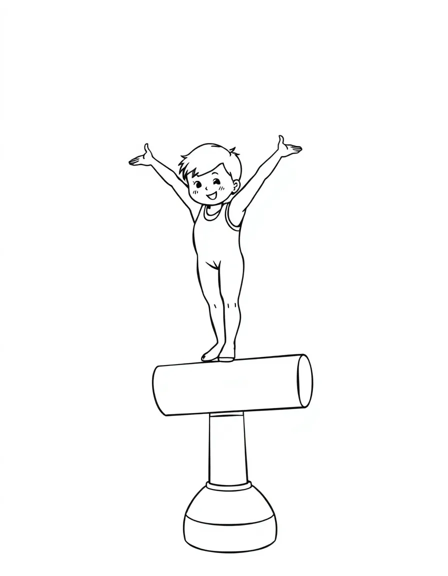 A friendly artistic gymnast on the pommel horse, balancing.