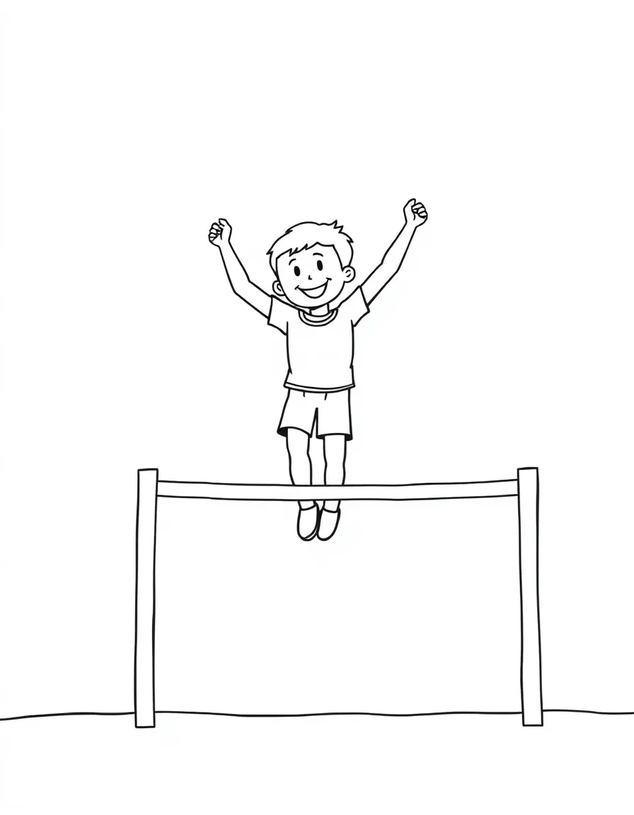 A happy pole vaulter going over a low bar with a pole.