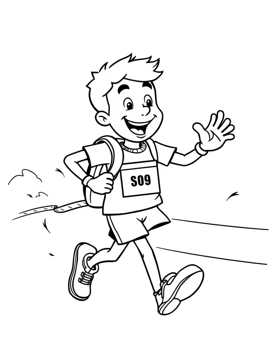 A cheerful race walker taking big, fast steps.