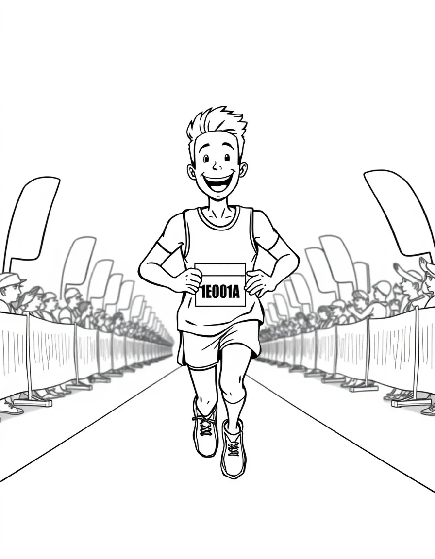 A happy marathon runner smiling at the finish line.