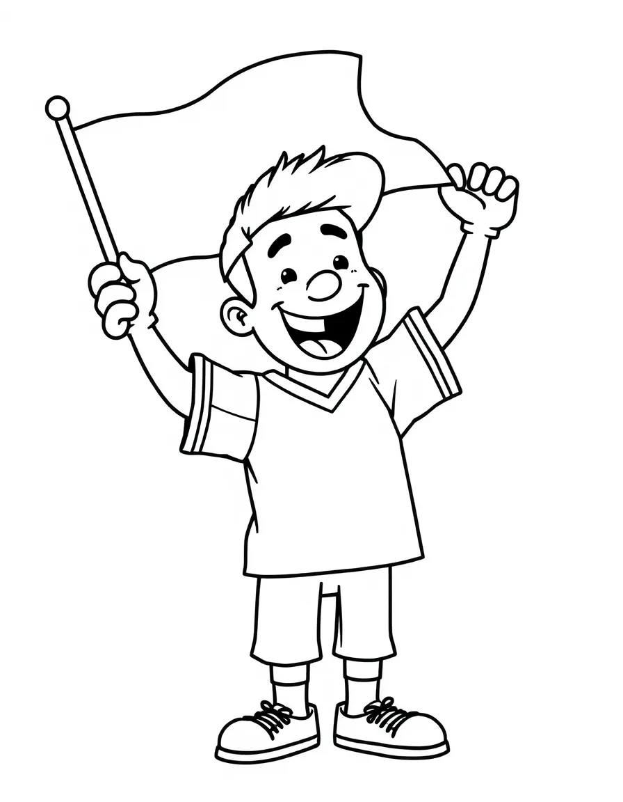 A happy sports fan waving a flag, wearing a team jersey.