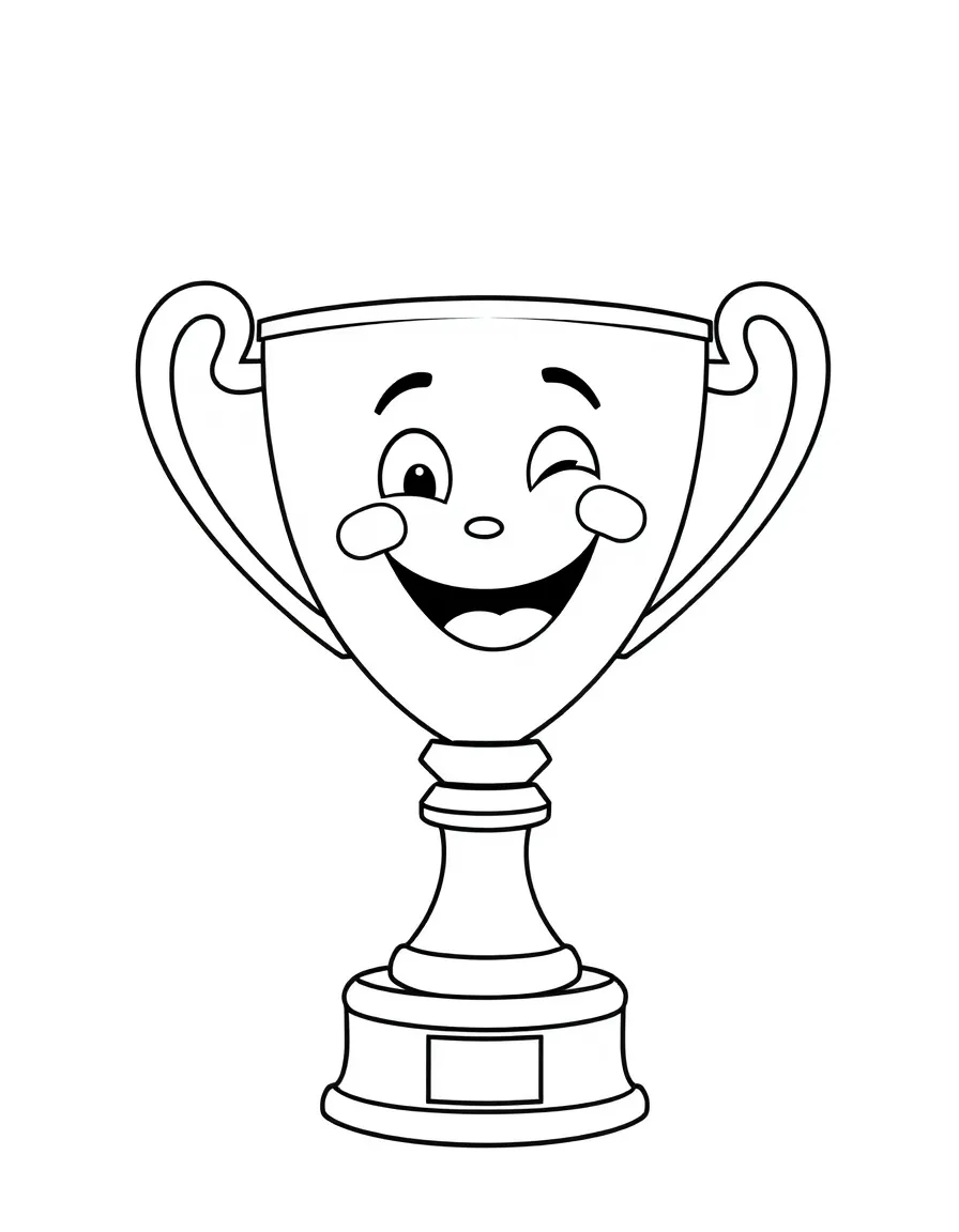 A happy trophy with a happy face, celebrating victory.