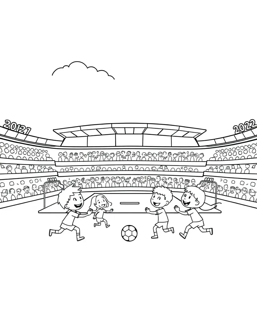 A cheerful stadium with happy little people playing.