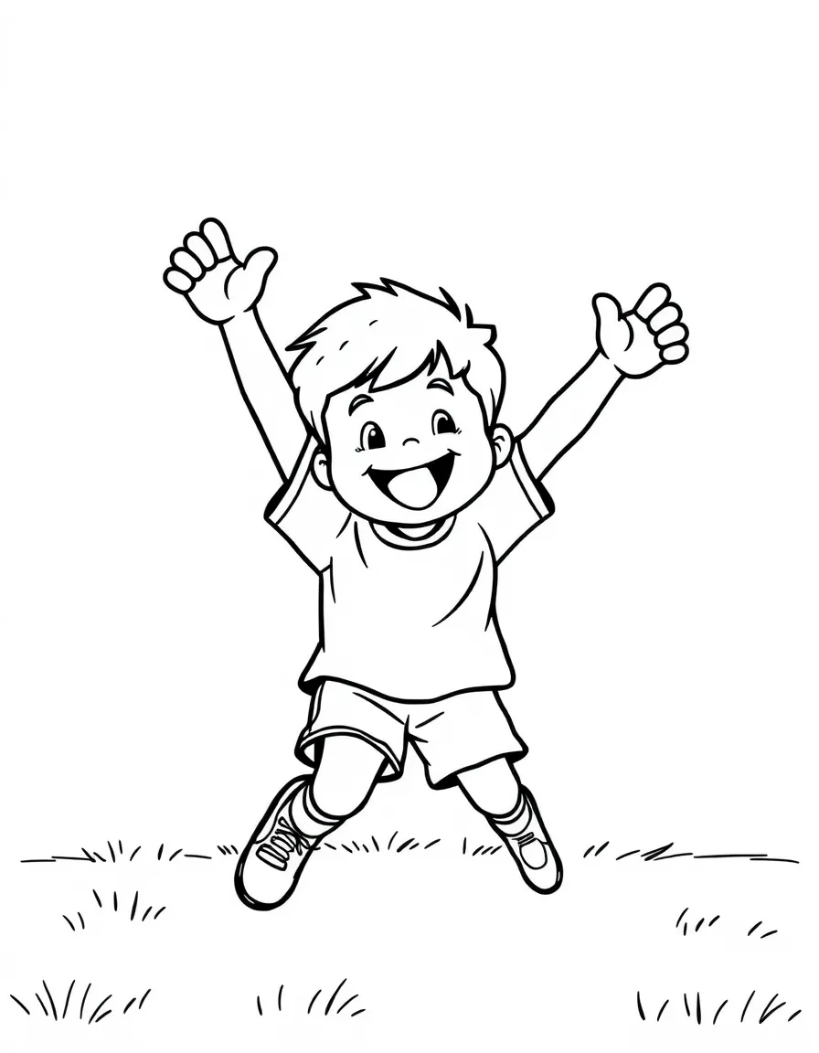 A happy little soccer player scoring a goal, arms up in victory.