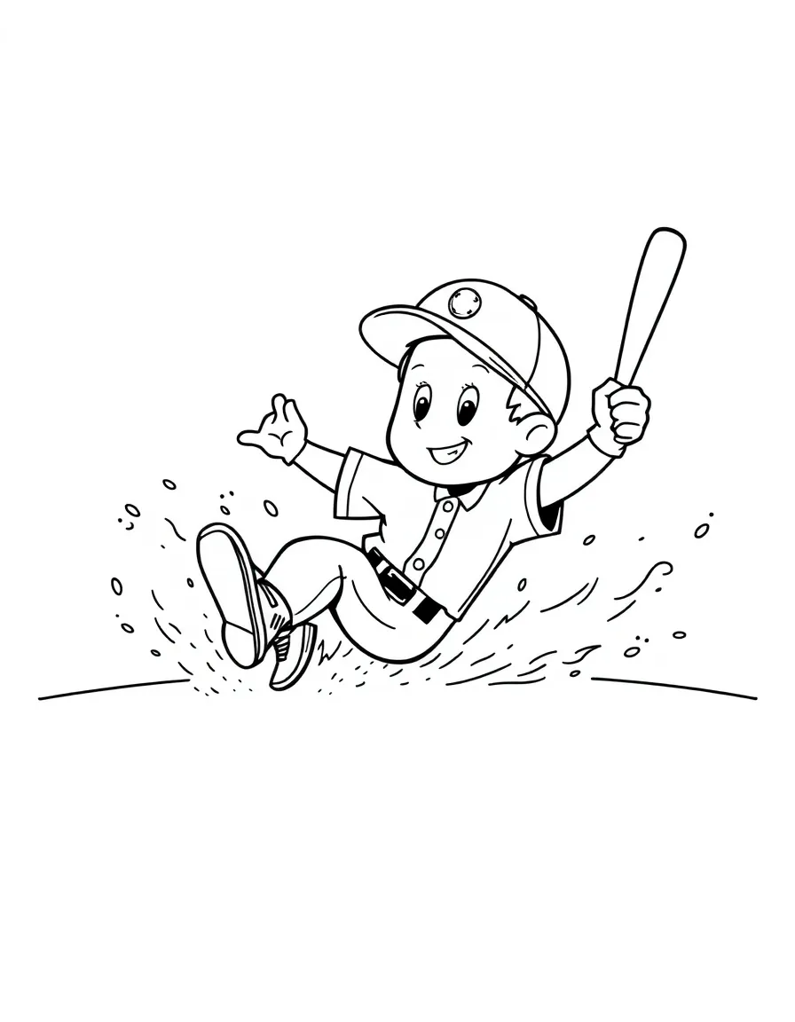A cute baseball player sliding into home plate, dust flying playfully.