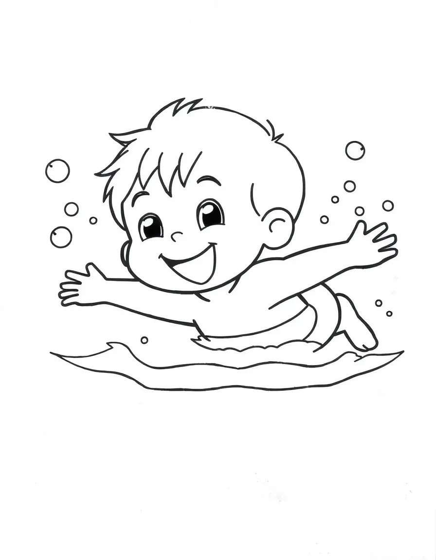 A little swimmer doing a happy freestyle stroke, bubbles all around.