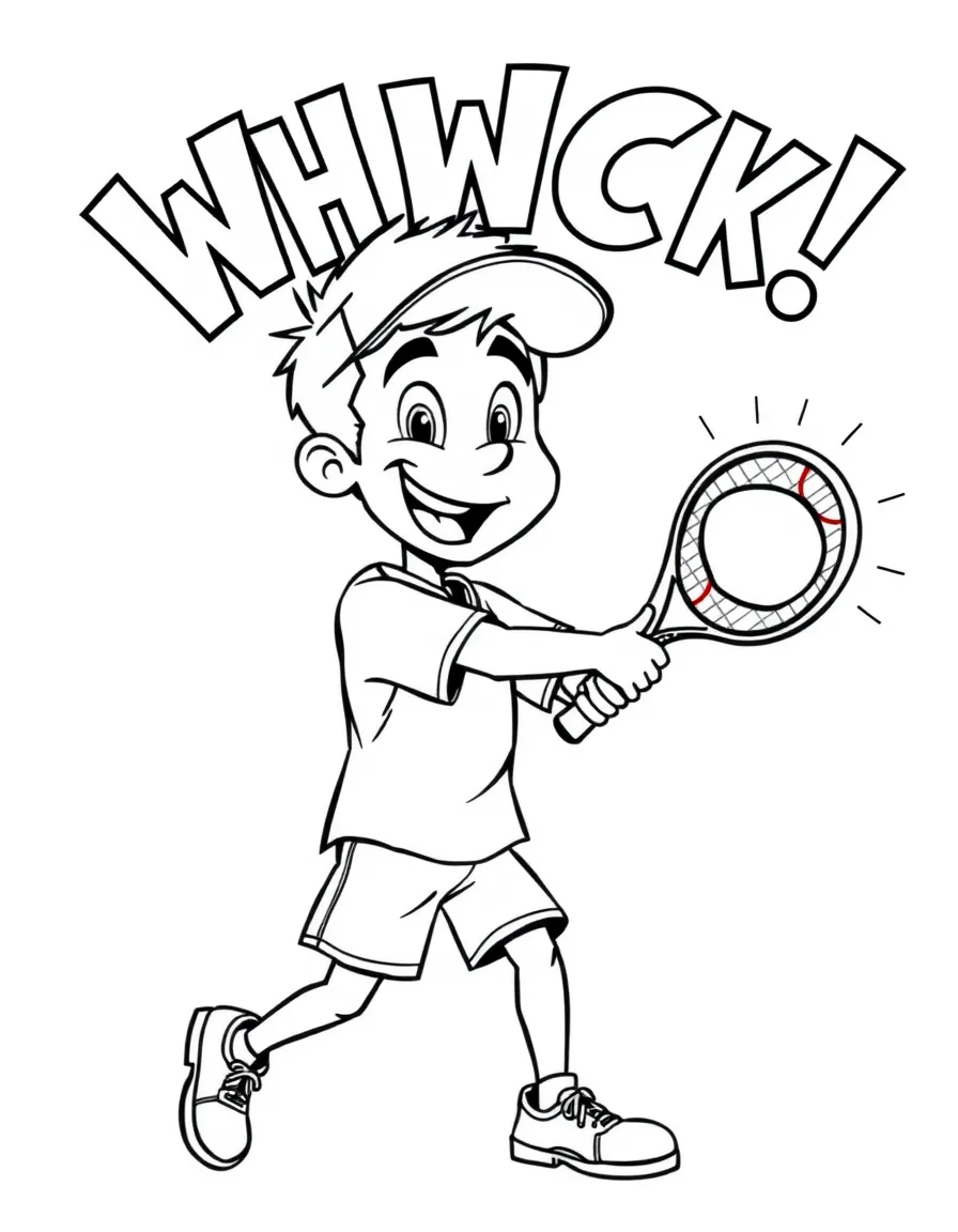 A happy tennis player serving the ball with a big "WHACK!" sound effect.