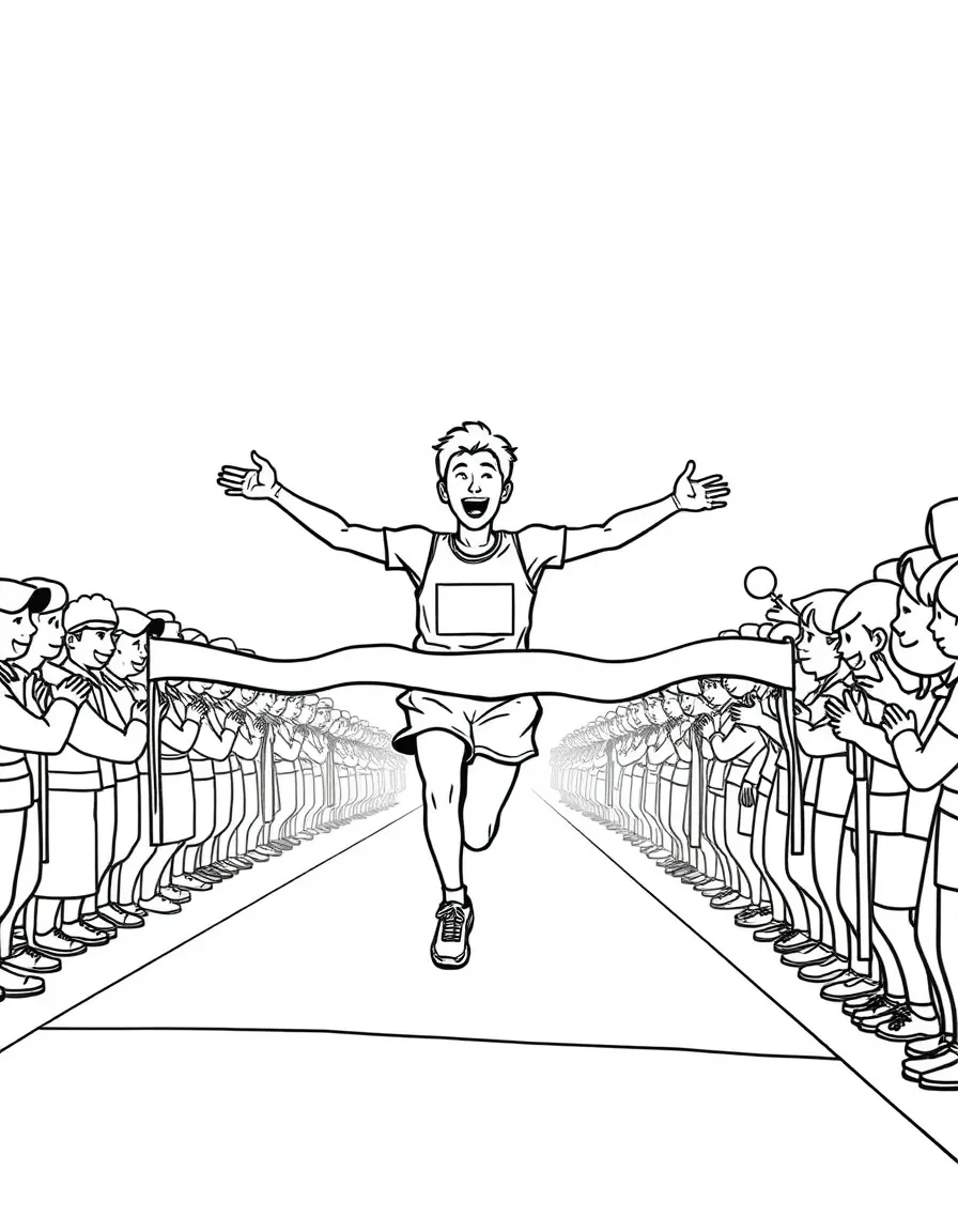 A joyful runner crossing the finish line with a ribbon and a happy crowd.